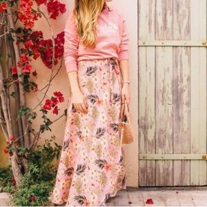 Miguelina | Pink Linen Tropical Print Wrap Maxi Skirt
